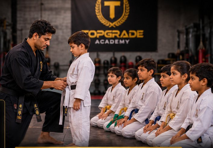 An instructor tying a student's belt