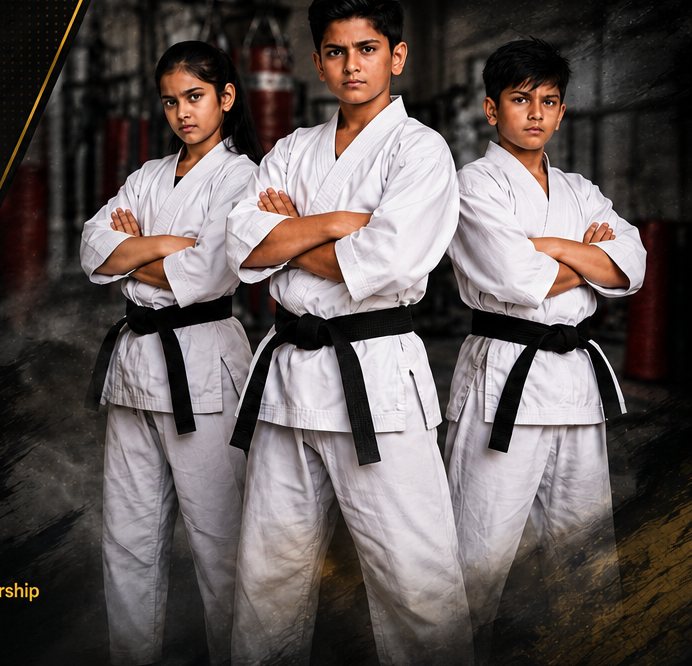 Three young black belts standing together