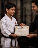 A student receiving a certificate at a belt ceremony
