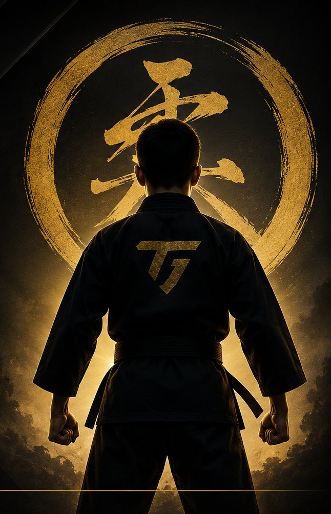 A young student in a black gi standing before a golden enso